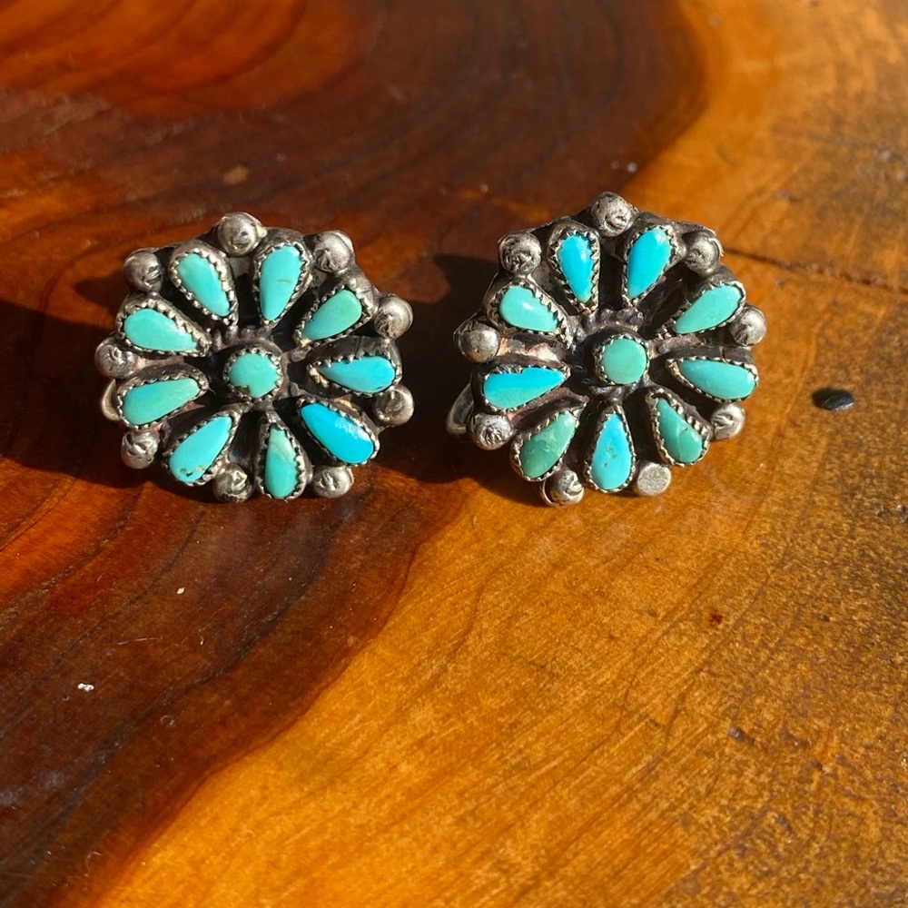 VINTAGE ZUNI Sterling & Turquoise Cluster Earrings!